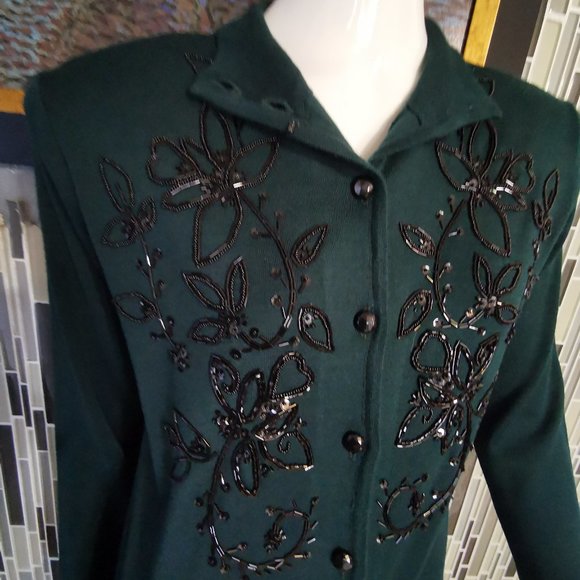 Vtg Liz Claiborne Dark Green wool blend knit dress Button Beaded Embellished M - Picture 2 of 9